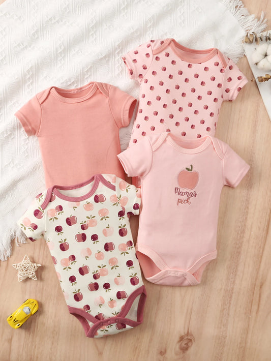 【 4-piece set 】 Baby triangle onesie fun apple short-sleeved clothes climbing suit